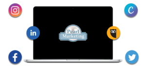 Laptop open to Pearl Marketing logo with floating icons of our various services