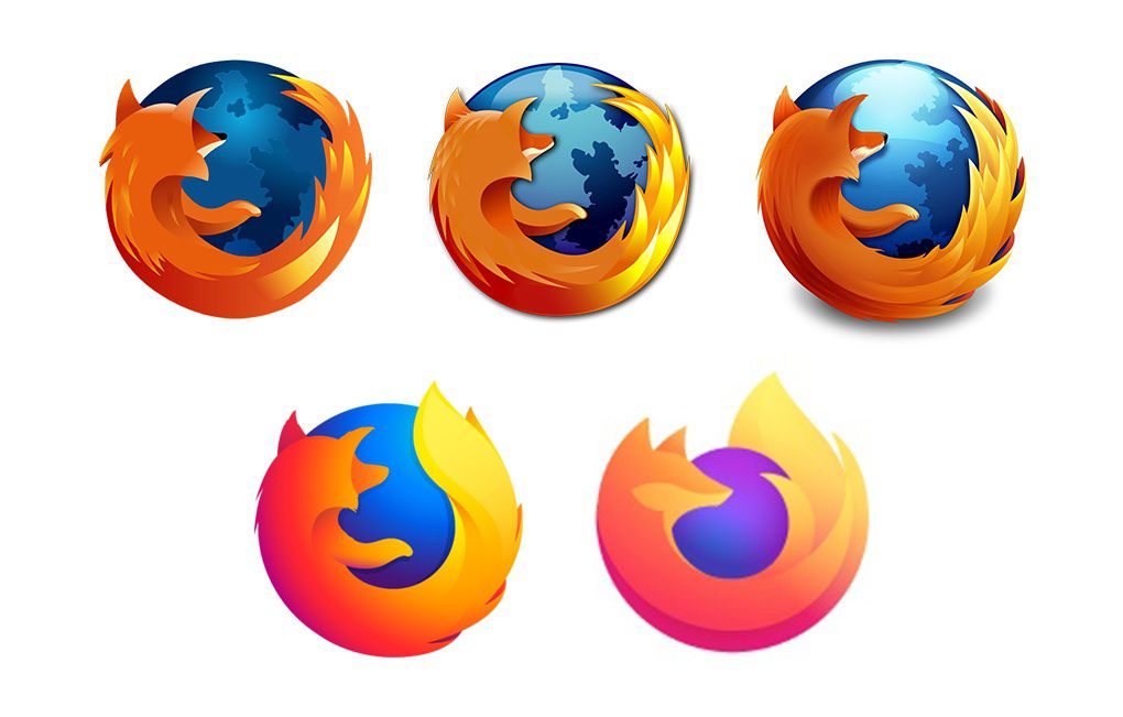 Variations in the Firefox logo, shifting towards minimalism